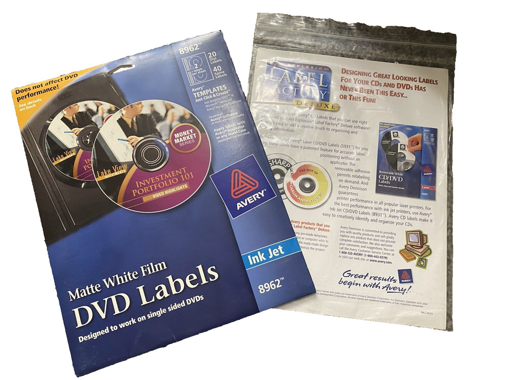 New Avery Ink Jet DVD Labels 8962 Matte White Film + Bonus Sheets -40 Labels